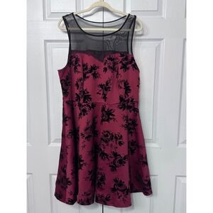 Trixxi Plus‎ Size 3X Burgundy Floral Velvet print Fit Flare Dress Mesh Neckline